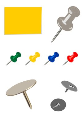 Colorful set of pushpins and tacks isolated on white background clipart