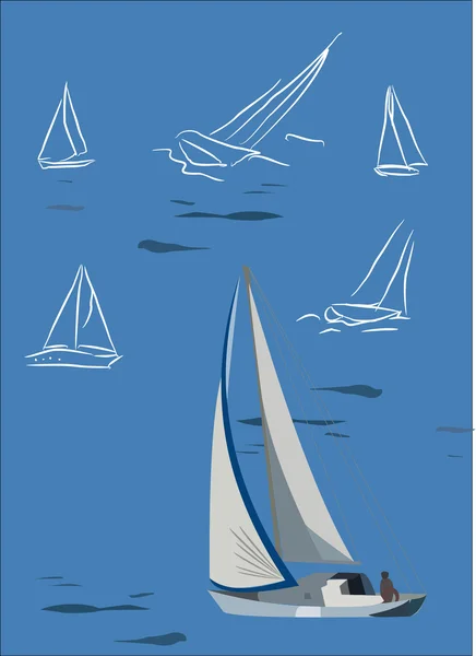 Yate estilizado blanco sobre fondo azul — Vector de stock