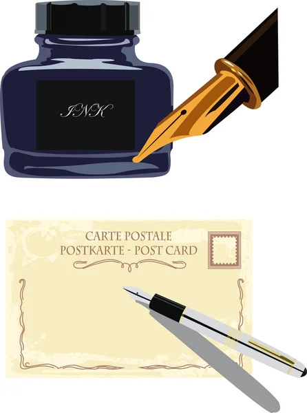 Fountain pen, postcards and bottle of ink — Stock Vector