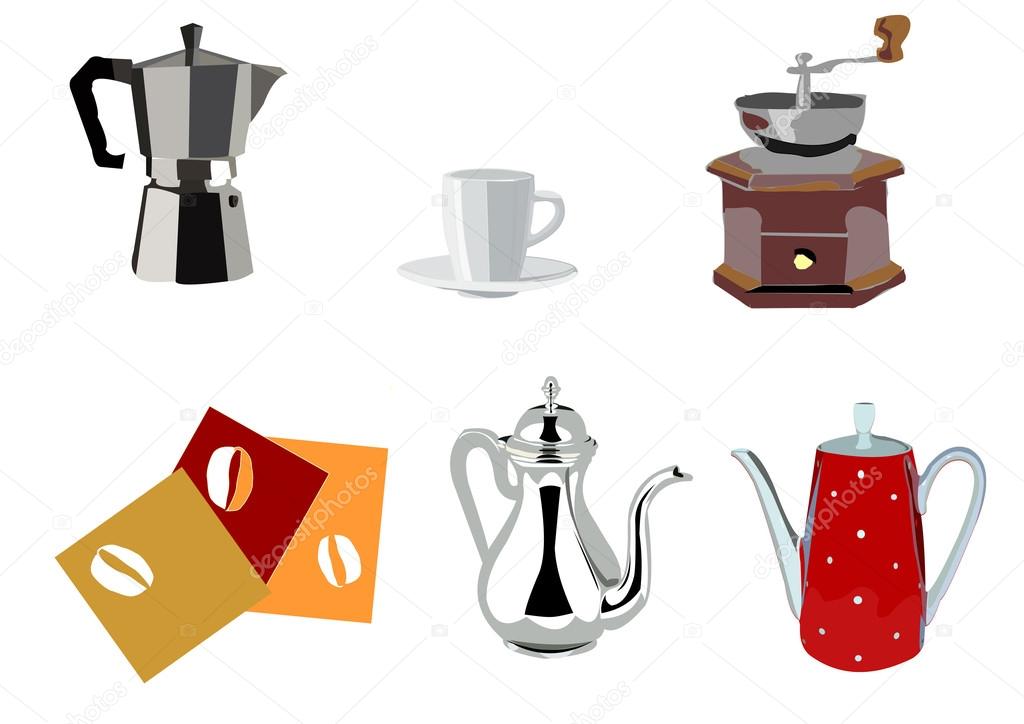 Coffee and java kettles and pots isolated on white backgr
