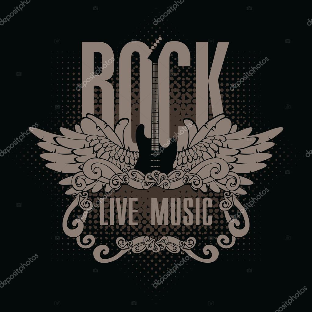 Square banner with a guitar and wings and the words of rock music on a black background
