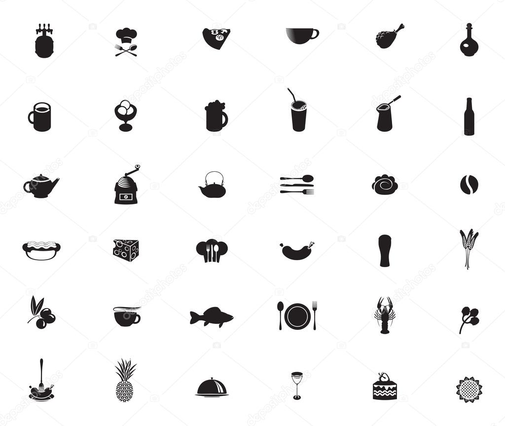 Set of black and white icons on the theme of food and drinks