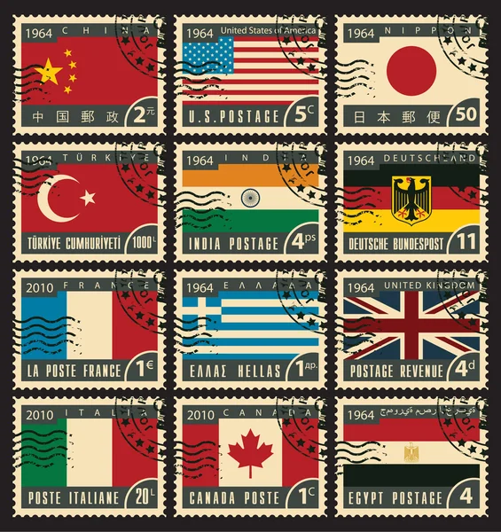 Briefmarken mit Flaggen — Stockvektor