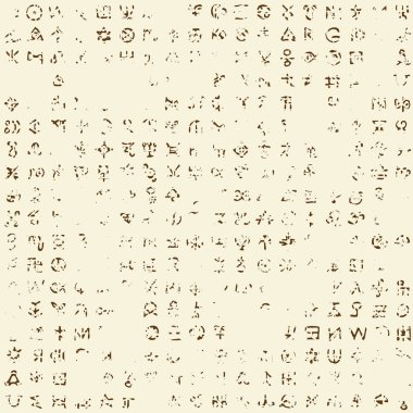 Soyut, pürüzsüz desenli, okült işaretleri ve grunge tarzında büyülü rünleri var. Bej bir arka planda antik esrarengiz, mistik sembollere sahip vektör arkaplan. Duvar kağıdı, ambalaj kağıdı, kumaş tasarımı