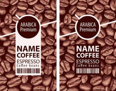Modern tarzda kahve çekirdekleri için iki vektör etiketi. Kahve fincanları, barkodlar ve kahve çekirdeğinin arka planında Espresso, Arabica primi yazan kahve etiketleri.