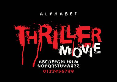 THRILLER FİLM soyut korkutucu harflerle yazılmış. Alfabe harflerinin vektör kümesi ve kan ile yazılmış numaralar ve siyah arka planda boya. Manşet, poster, etiket için korku yazı tipi. Sıçrama Alfabesi