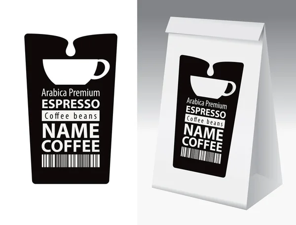 コーヒー豆のラベル付きの黒と白の紙のパッケージ カップ バーコード コーヒー豆と碑文とこのラベルと紙の3Dパッケージを持つベクトルコーヒーラベル — ストックベクタ
