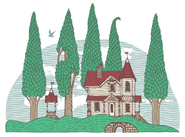 Paisaje Decorativo Con Una Casa Dos Pisos Árboles Verdes Delgados — Archivo Imágenes Vectoriales