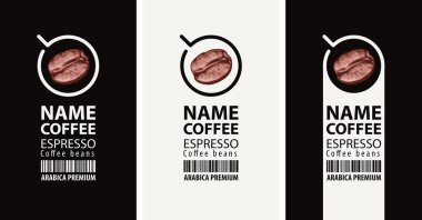 Üç kahve etiketi seti. Kahve çekirdekleri, barkodlar ve yazıtlarla dolu vektör etiketleri Espresso, Arabica primi