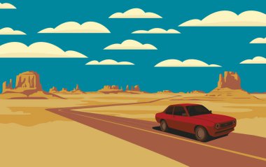 Bir yolu olan dekoratif bir manzara ve çölde kayaları ve mavi gökyüzünde bulutları olan tek bir araba. Verimsiz Amerikan manzarasından geçen çoklu çizginin vektör illüstrasyonu