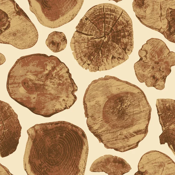 在米色的背景上 用古老的木料锯成无缝的抽象图案 木制质感 年轮在各种形状的树桩上 具有复古风格的旧树横断面的向量背景 — 图库矢量图片