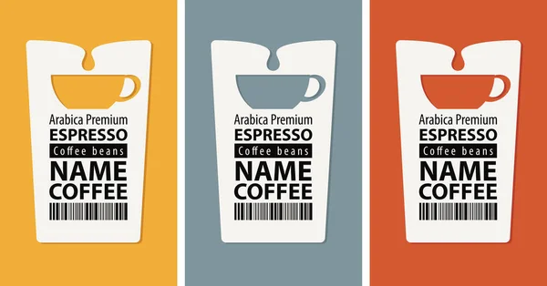 咖啡豆有三个标签 带有杯子 条形码和Espresso字样的矢量标签 带有各种颜色背景的Arabica溢价 — 图库矢量图片