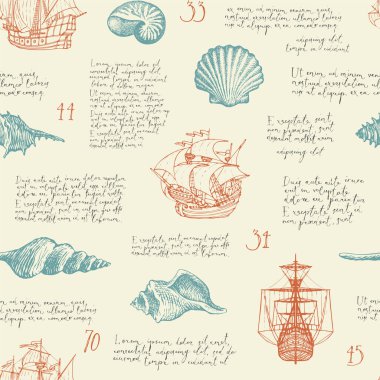 Elle çizilmiş eski gemiler, çeşitli deniz kabukları ve el yazısıyla yazılmış Lorem ipsum. Vintage tarzda vektör arkaplanı. Eski bir kağıt üzerinde deniz yatları ve deniz kabukları çizimleri