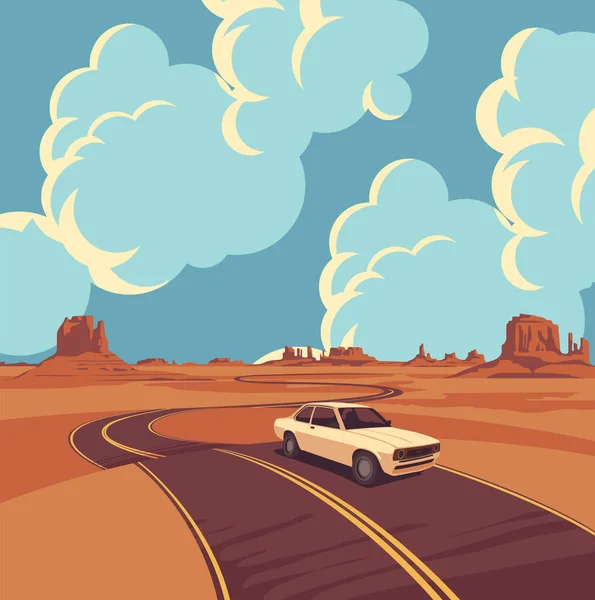 捨てられた谷 青い空に積雲 曲がりくねった道と単一の白い車を渡すと西部の風景 ワイルドウエスト草原の装飾的なイラスト ベクトル背景 — ストックベクタ