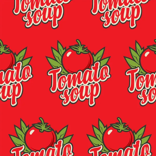 Seamless Pattern Tomatoes Inscriptions Tomato Soup Flat Style Red Backdrop — Stock Vector