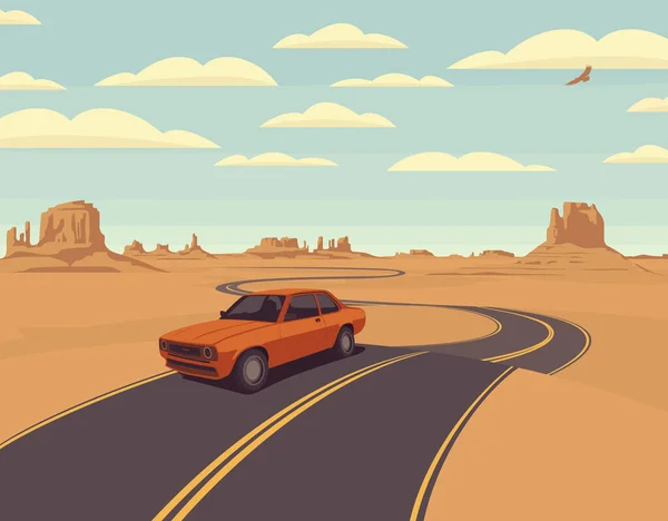 在多石的沙漠里 有一条公路和一辆经过的汽车 天空中布满了云彩 色彩斑斓的卡通画 带有荒芜的西部风景和无尽的回溯式绕行道路 — 图库矢量图片
