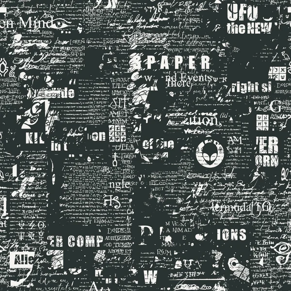 手書きのスクリブル タイプスクリプト 新聞の見出しの断片が黒い背景にシームレスなパターンを抽象化します 混沌としたベクトル背景 包装紙 グランジスタイルの生地 — ストックベクタ