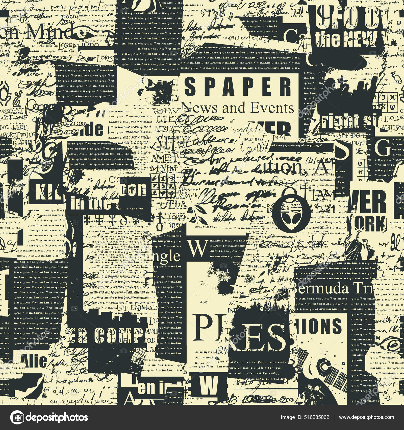 Abstract Seamless Pattern Collage Illegible Newspaper Clippings Handwritten  Scribbles Monochrome Stock Vector by ©paseven 516285062, image size:1600x1700