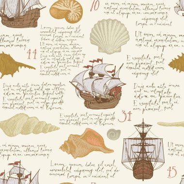 Elle çizilmiş deniz kabukları, antika gemiler ve eski bir kağıda yazılmış Lorem ipsum el yazısıyla kusursuz desen. Bej renkli vintage vektör arkaplanı. Duvar kağıdı, ambalaj kağıdı, kumaş için uygun.