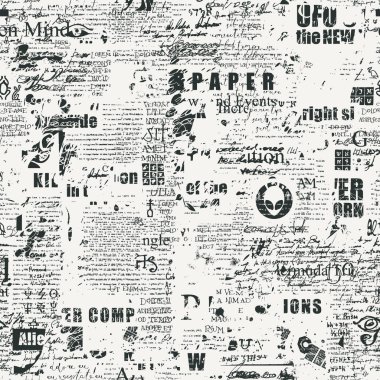 El yazısıyla yazılmış karalamalar, daktilolar ve gazete manşetleriyle soyut, pürüzsüz desen. Tek renkli vektör arkaplanı, duvar kağıdı, ambalaj kağıdı veya grunge biçiminde kumaş