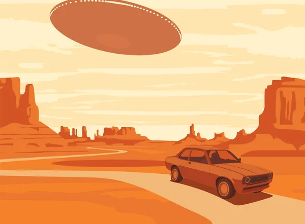 Vector Landscape Ufo Flying Western Rocky Valley Single Passing Car — Stock Vector