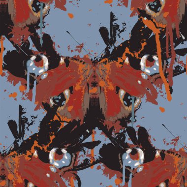 Tavus kuşu gözü kelebekleri, boya lekeleri ve arka planda siyah tüyleri olan soyut, pürüzsüz bir desen. Grunge biçiminde vektör arkaplanı. Duvar kağıdı, ambalaj kağıdı veya kumaş için uygun