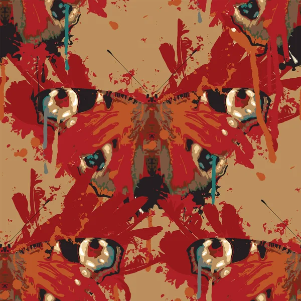 Абстрактный Бесшовный Рисунок Павлиньей Глазной Бабочкой Кровавыми Перьями Пятнами Краски — стоковый вектор