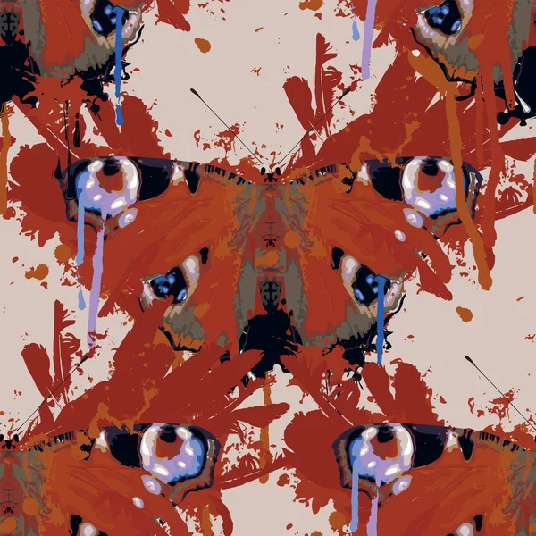 Abstracte Naadloze Patroon Met Pauw Oog Vlinders Rode Veren Bloedvlekken — Stockvector