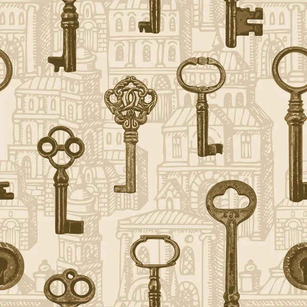 Seamless Pattern Old Keys Background Old Hand Drawn Buildings Vector — Stock Vector