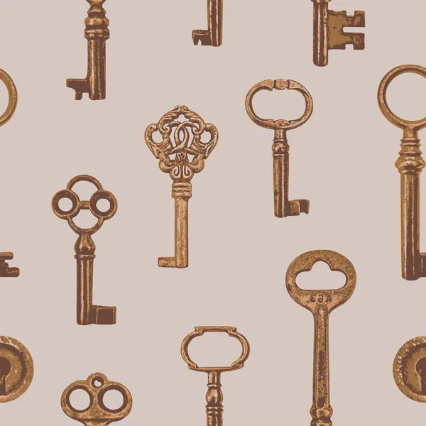 Vector Seamless Pattern Realistic Old Keys Beige Backdrop Repeating Background — Stock Vector
