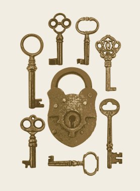 Klasik bronz tuşlara sahip vektör pankartı ve hafif bir arka plana kilitlenmiş. Eski asma kilitle gerçekçi bir illüstrasyon ve çeşitli şekillerde antika anahtarlar.