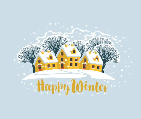 漫画のスタイルで冬の風景とベクトルバナーやグリーティングカード かわいい黄色の家 雪に覆われた丘の上の雪の木 碑文と装飾的なイラスト幸せな冬 — ストックベクタ