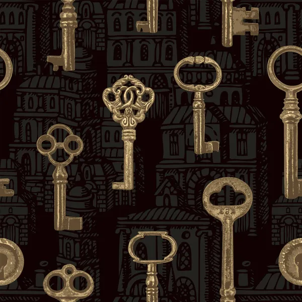 Vintage Seamless Pattern Old Keys Black Backdrop Hand Drawn Medieval — Stock Vector