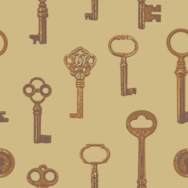 Bej Arka Planda Gerçekçi Eski Anahtarlarla Kusursuz Desen Tekrarlanıyor Güzel — Stok Vektör