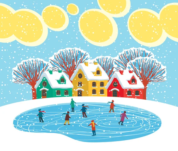 Winter Landscape Cute Colorful Houses Snow Covered Trees Kids Skating Royalty Free Stock Illustrations