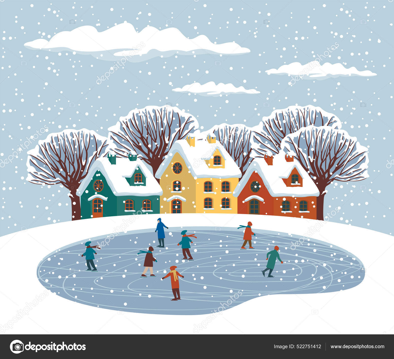Paisaje Invernal Dibujos Animados Con Lindas Casas Coloridas Árboles  Cubiertos vector, gráfico vectorial © paseven imagen #522751412