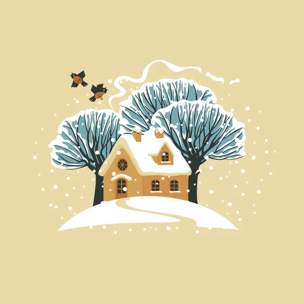 漫画のスタイルで冬の風景とベクトルバナーやグリーティングカード かわいい家 雪に覆われた丘の上の雪の木 ベージュの背景に赤い鳥のカップルで装飾的なイラスト — ストックベクタ