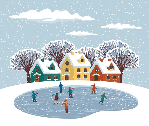 Γελοιογραφία Χειμερινό Τοπίο Χαριτωμένα Πολύχρωμα Σπίτια Χιονισμένα Δέντρα Και Άνθρωποι — Διανυσματικό Αρχείο