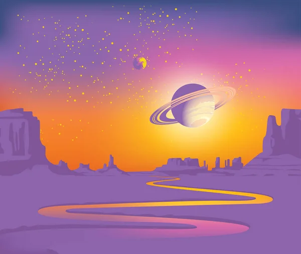 Фантастический Инопланетный Пейзаж Пустынной Долиной Извилистой Рекой Скалами Видом Сатурн — стоковый вектор