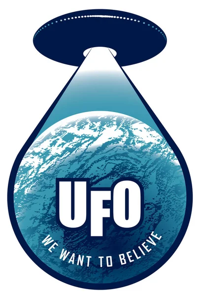Vector Banner Ufo Beam Aimed Blue Planet Decorative Emblem Large — Stock Vector