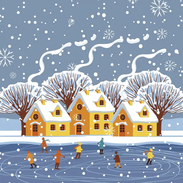 Векторный Зимний Пейзаж Симпатичными Домами Заснеженными Деревьями Детьми Катающимися Большом — стоковый вектор