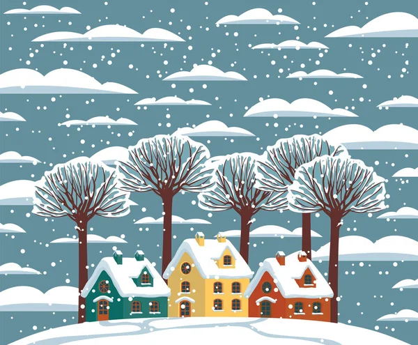 漫漫的冬季风景 雪山上有可爱的彩色房子 蓝天上有雪树和云朵 圣诞节矢量插图 贺卡或扁平装饰横幅 — 图库矢量图片