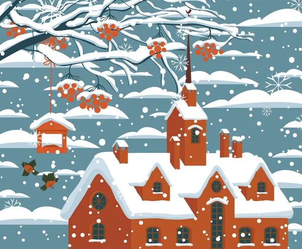Kreslená Zimní Krajina Hnědým Domem Sněhu Zasněženými Větvemi Červenými Shluky — Stockový vektor