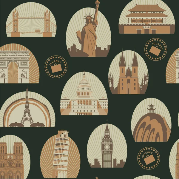 Decorative Seamless Pattern Travel Theme Architectural Landmarks Dark Backdrop Vector — Stock Vector