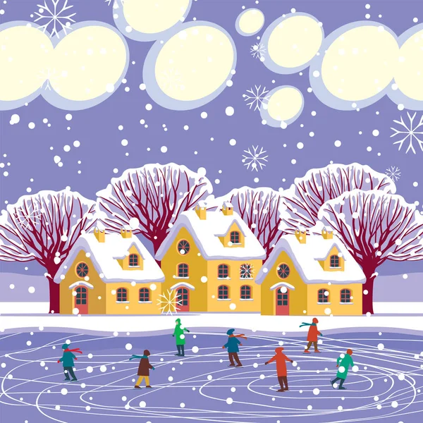 Winter Landscape Cute Yellow Houses Snow Covered Trees Kids Skating — Stock Vector