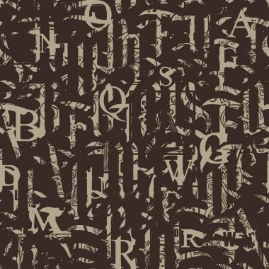 Büyük Gotik harflerle ve kahverengi bir arka planda kıvrımlarla soyut, pürüzsüz desenler. Süslü Latince harfleri grunge tarzında olan vektör arkaplan. Duvar kağıdı, ambalaj kağıdı ve tekstil için uygun.