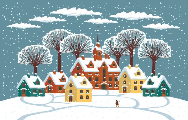 Snowy Winter Landscape Cute Colored Houses Snow Covered Trees Lonely — Stock Vector