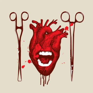 Vector banner with a red human heart, drops of blood and surgical instruments on a beige vintage background. Scary abstract illustration with bloody heart with a screaming or growling mouth clipart