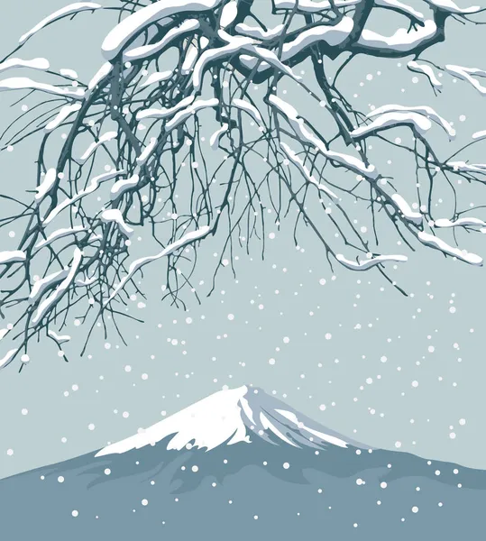 Téli Banner Stílus Japán Akvarell Hóval Borított Faágak Ellen Hegy — Stock Vector