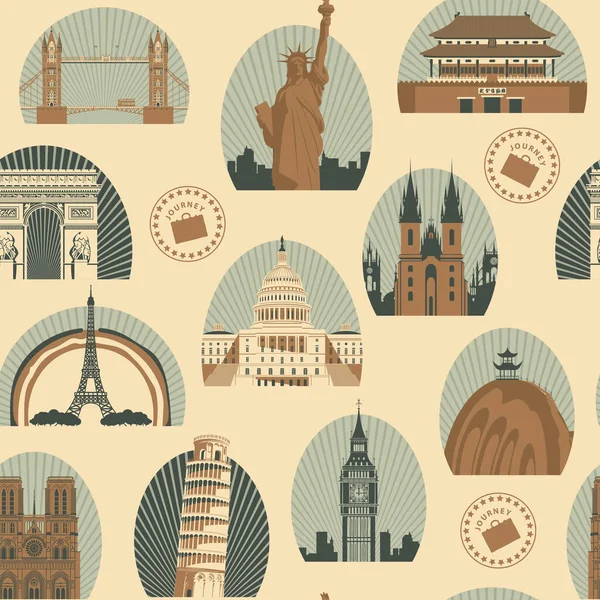 Vector Seamless Pattern Theme World Tourism Architectural Landmarks Repeating Background — Stock Vector